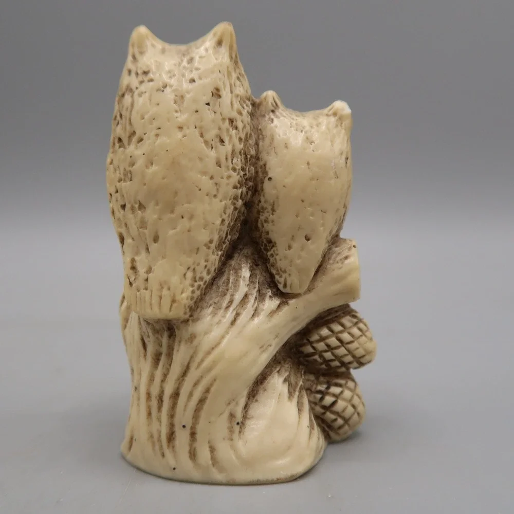 Vintage Pair Carved Owl Figurines Resin On Pine Branch With Cones Natural 2 In.